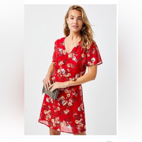 Maurice's Red Floral Wrap Skater Dress sz M - Picture 1 of 4